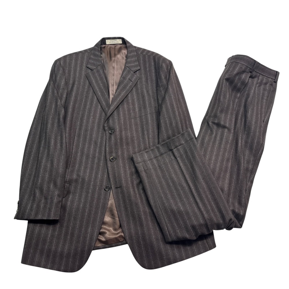 John W Nordstrom 46L 40x32 Brown Stripe Pant Suit Flannel Wool Italian Fabric